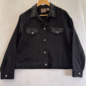 Don't Mess With Texas Jean Jacket Women M Black‎ Jewels Denim Western Bejeweled